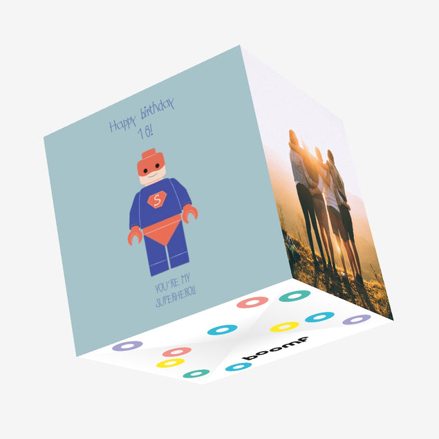 Blue Background Lego Superhero Happy 18th Birthday Confetti-exploding Greetings Card