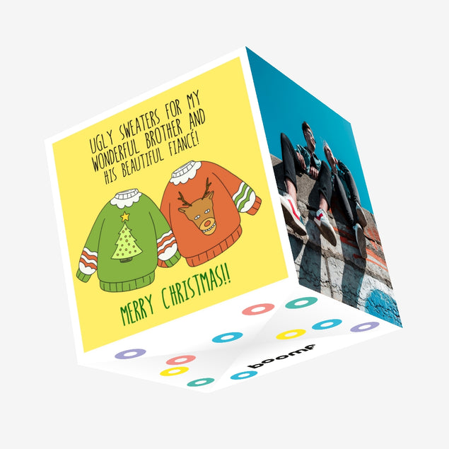 Merry Christmas Wonderful Brother And His Beautiful Fiance Ugly Sweaters Confetti-exploding Greetings Card