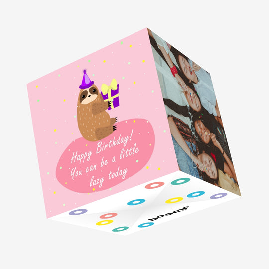 Sloth With Gift Happy Birthday Confetti-exploding Greetings Card