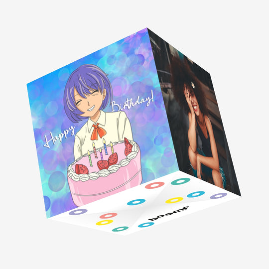 Blue Background Anime Cake Birthday Confetti-exploding Greetings Card
