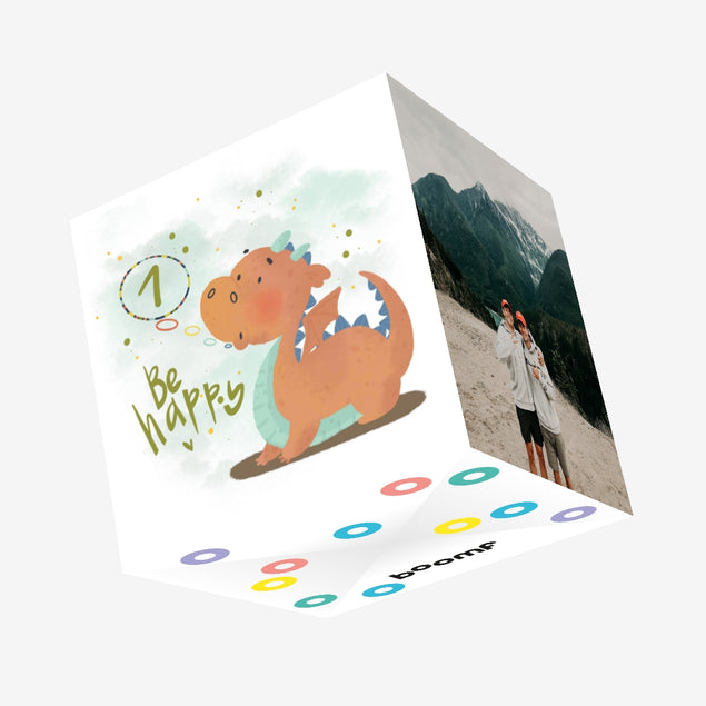 Happy 1st Birthday Cute Dino Confetti-exploding Greetings Card