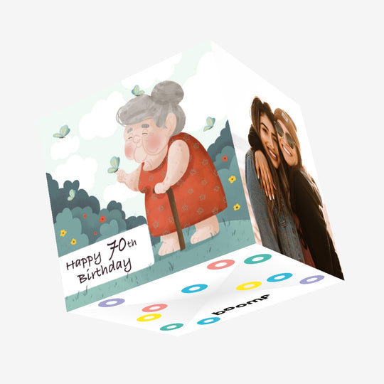 Happy 70th Birthday Elderly Lady And Butterflies Confetti-exploding Greetings Card