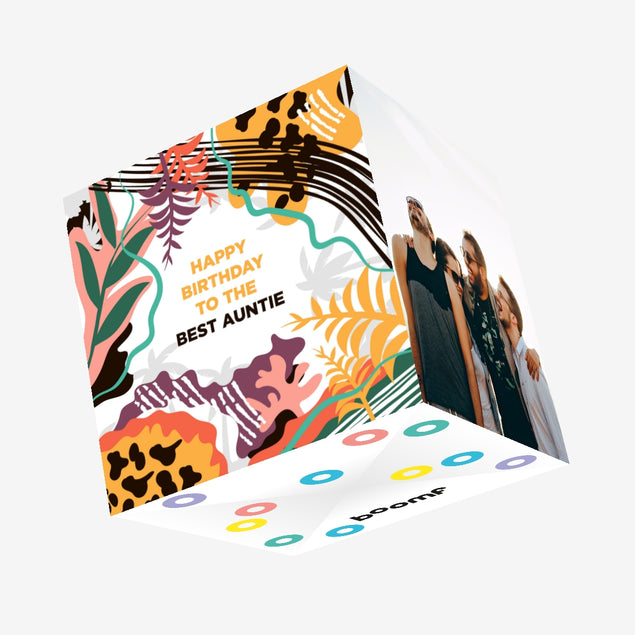 Happy Birthday Best Auntie Colourful Tropical Plants Confetti-exploding Greetings Card