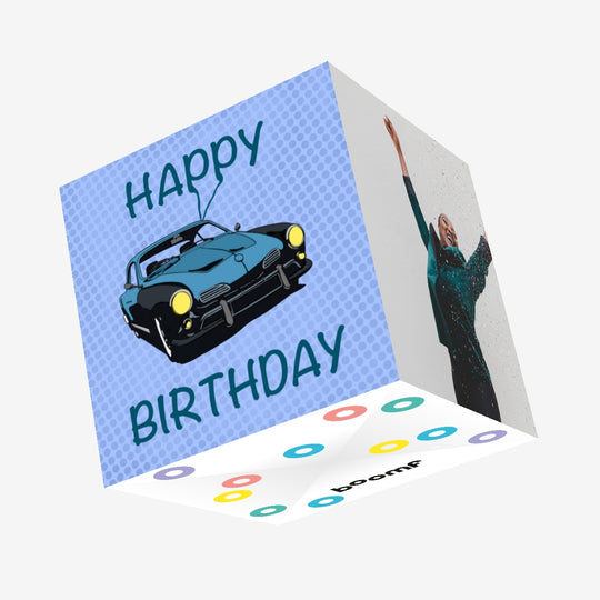 Happy Birthday Blue Vintage Car Confetti-exploding Greetings Card