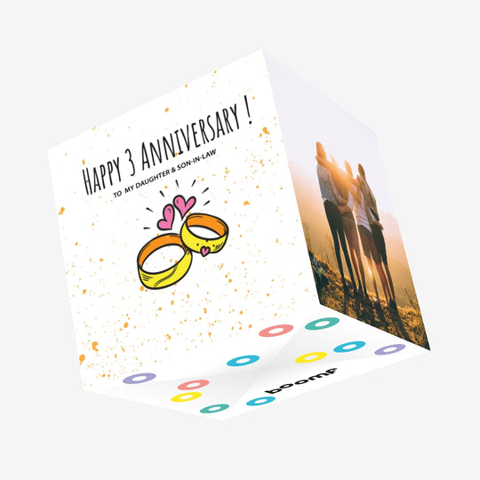 Happy 3rd Wedding Anniversary Daughter And Son-in-law Rings And Pink Hearts Confetti-exploding Greetings Card