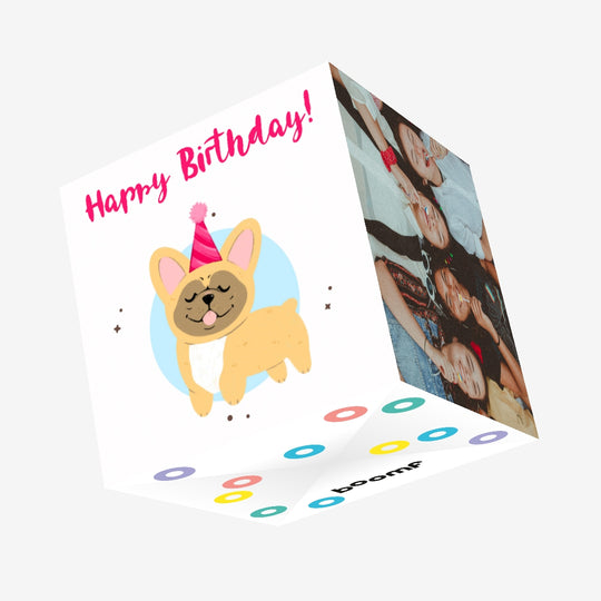 Festive Frenchie In Pink Party Hat Happy Birthday Confetti-exploding Greetings Card