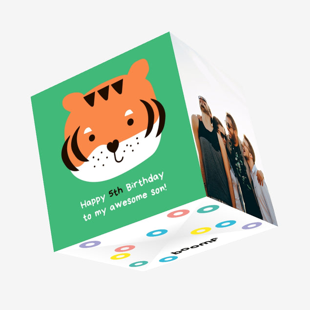 Cute Little Tiger Happy 5th Birthday Son Confetti-exploding Greetings Card