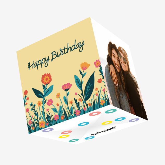 Cute Colorful Flowers Happy Birthday Confetti-exploding Greetings Card