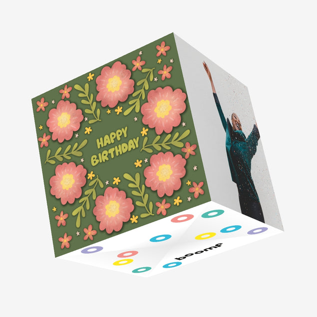 Beautiful Green Floral Print Happy Birthday Confetti-exploding Greetings Card