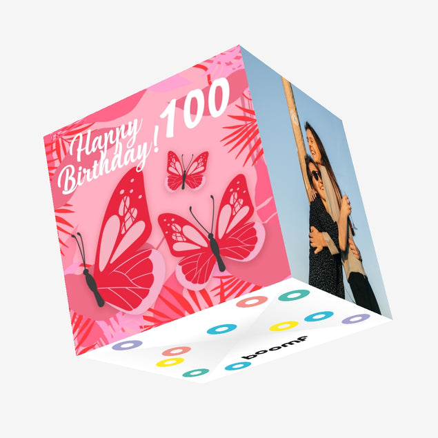 Tropical Pink Butterfly 100th Birthday Confetti-exploding Greetings Card