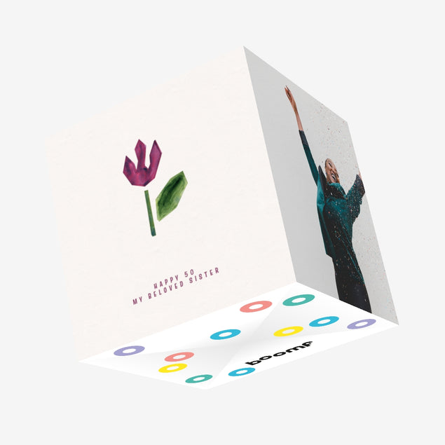 Purple Watercolor Tulip Happy 50th Birthday Sister Confetti-exploding Greetings Card