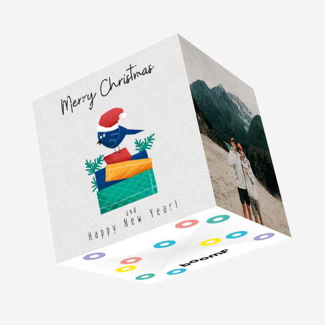 Merry Christmas And Happy New Year Blue Bird With Gifts Confetti-exploding Greetings Card