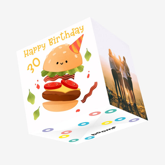Cute Smiling Burger Happy 30th Birthday Confetti-exploding Greetings Card