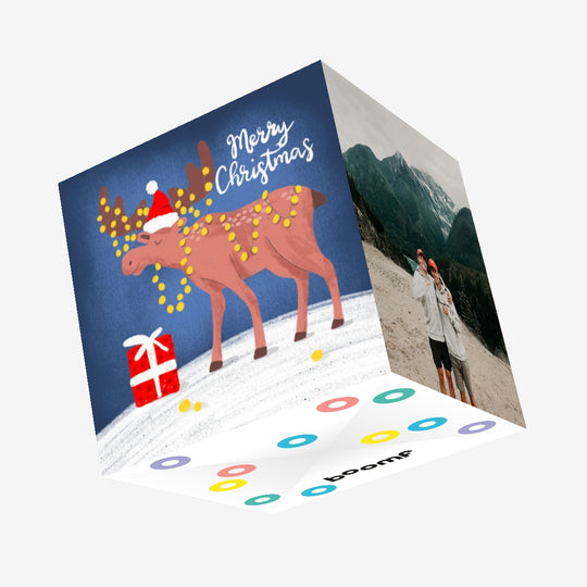 Merry Christmas Moose With A Gift Confetti-exploding Greetings Card