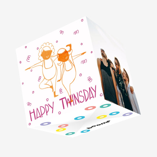 Happy Twinsday In Yellow Confetti-exploding Greetings Card