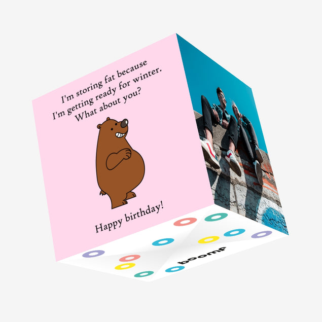 Bear Storing Fat Happy Birthday Confetti-exploding Greetings Card