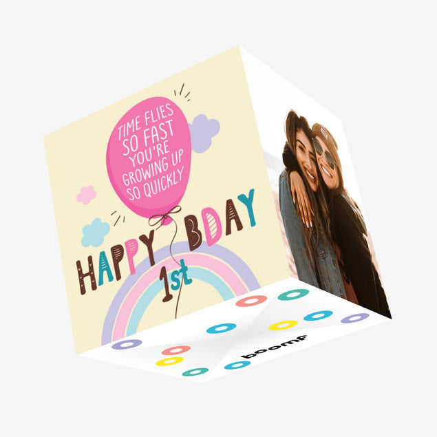 Happy 1st Birthday Pink Balloon And Rainbow Confetti-exploding Greetings Card