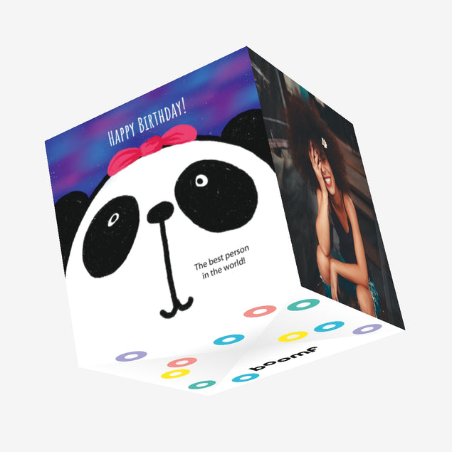 Purple Blue Background Panda Happy Birthday Best Person Confetti-exploding Greetings Card