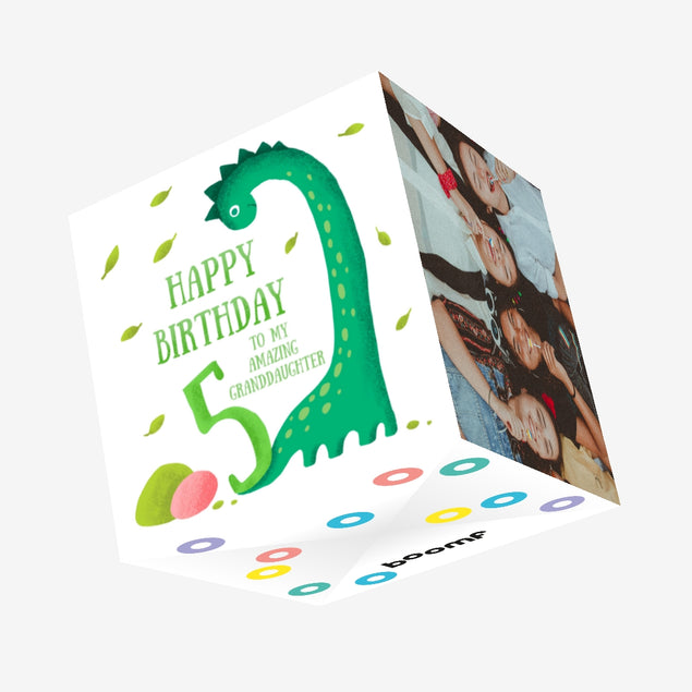 Happy 5th Birthday Granddaughter Cute Green Dinosaur Confetti-exploding Greetings Card