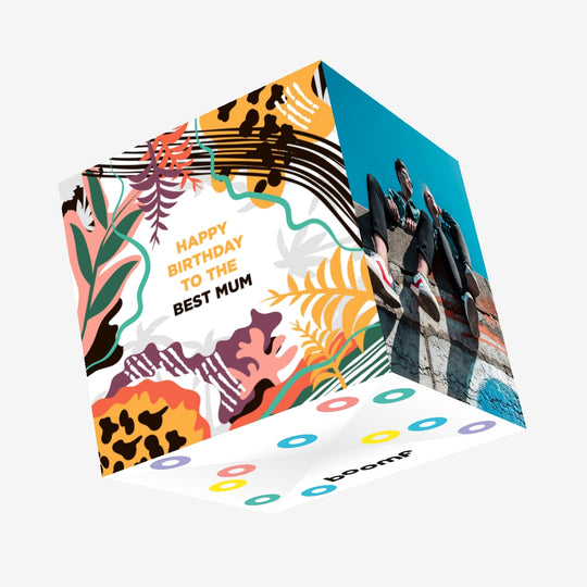 Happy Birthday Best Mum Colourful Tropical Plants Confetti-exploding Greetings Card