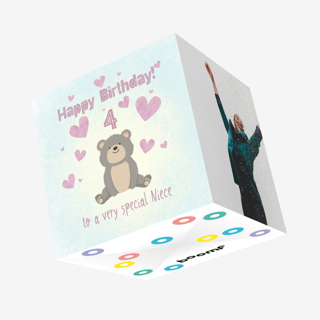 Cute Teddy Bear Happy 4th Birthday Niece Confetti-exploding Greetings Card