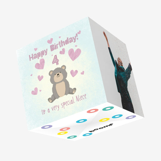Cute Teddy Bear Happy 4th Birthday Niece Confetti-exploding Greetings Card