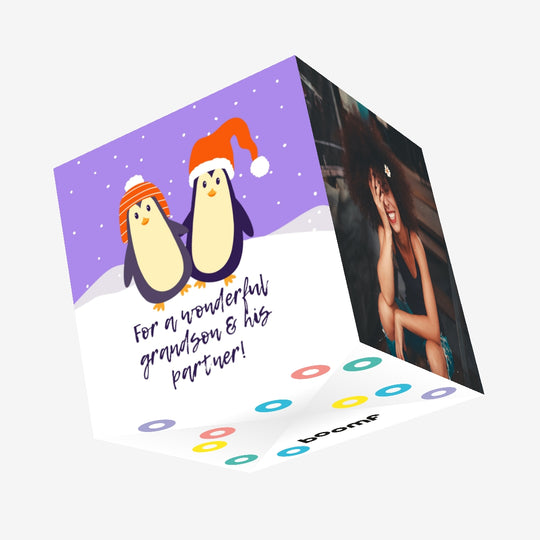 Merry Christmas Wonderful Grandson And His Partner Cute Penguin Couple Confetti-exploding Greetings Card