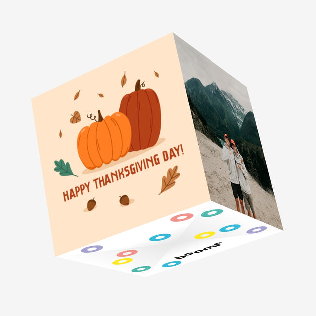 Happy Thanksgiving Huge Pumpkins And Falling Leaves Confetti-exploding Greetings Card