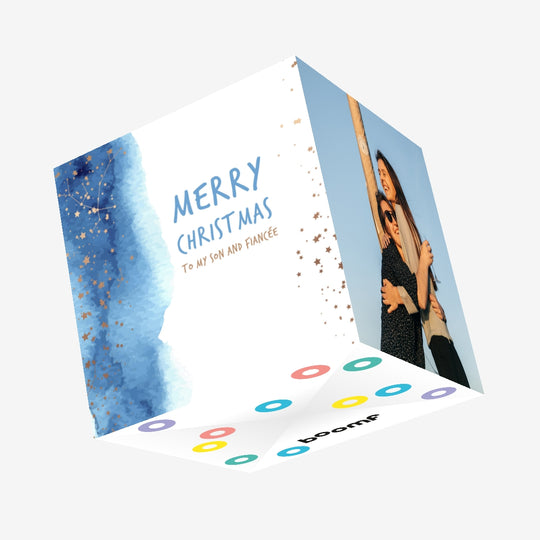 Merry Christmas Son And Fiance Silver Constellations Confetti-exploding Greetings Card
