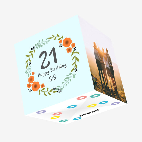 Happy 21st Birthday Sis Flowers In Blue Confetti-exploding Greetings Card