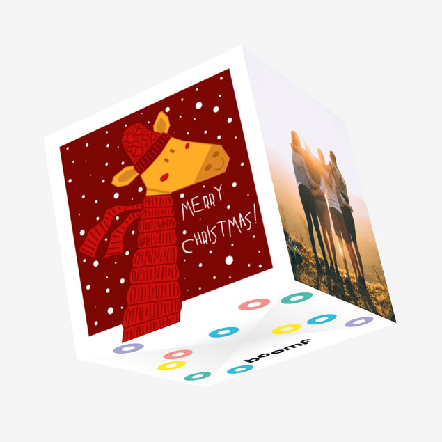 Merry Christmas Giraffe Wearing Red Scarf And Hat Confetti-exploding Greetings Card