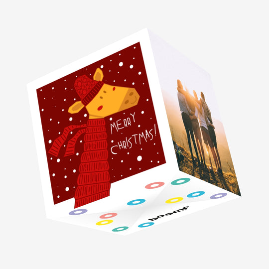 Merry Christmas Giraffe Wearing Red Scarf And Hat Confetti-exploding Greetings Card