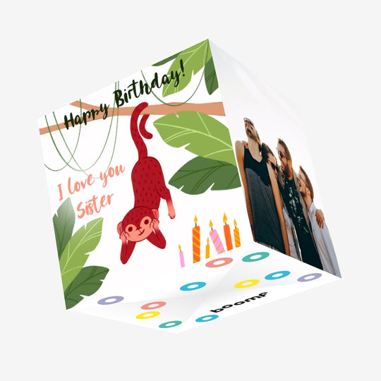 Monkey On A Tree Happy Birthday Sister Confetti-exploding Greetings Card