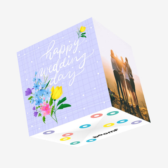 Happy Wedding Day Flower Bouquet Blue Confetti-exploding Greetings Card