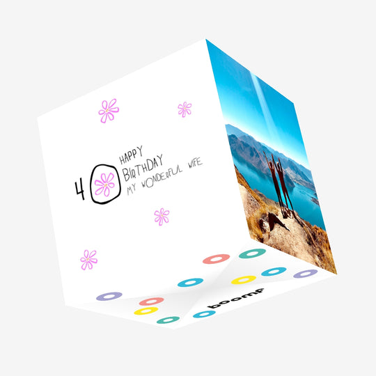 Happy 40th Birthday Wonderful Wife Simple Pink Flowers Confetti-exploding Greetings Card