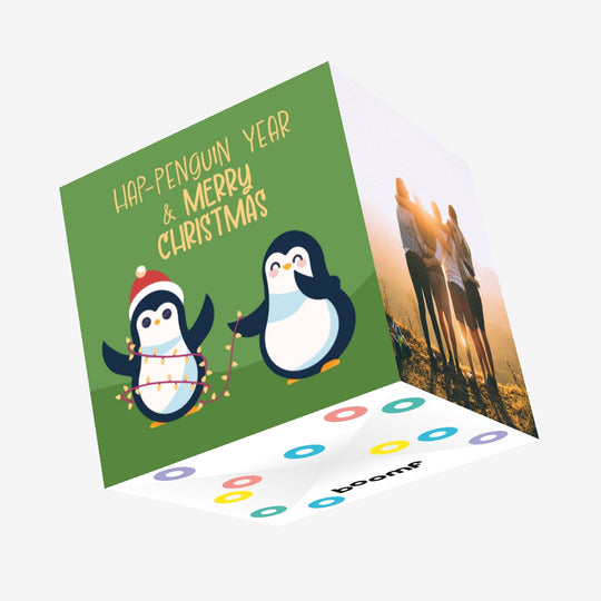Hap-Penguin Year And Merry Christmas Cute Penguins Confetti-exploding Greetings Card