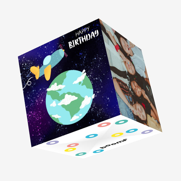 Happy Birthday Plane In Space Confetti-exploding Greetings Card