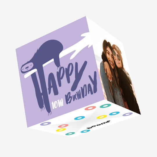 Cute Smiling Sloth Happy 10th Birthday Confetti-exploding Greetings Card