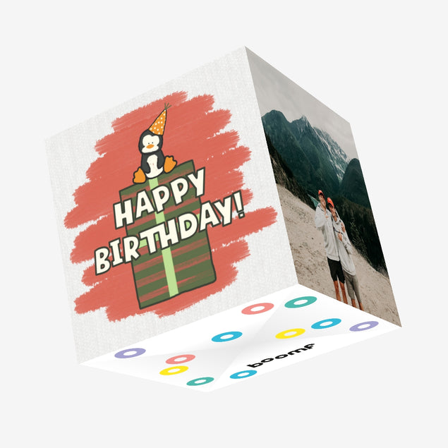 Cute Penguin On A Gift Happy Birthday Confetti-exploding Greetings Card
