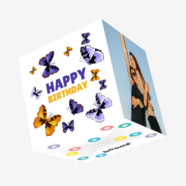 Purple And Yellow Butterflies Happy Birthday Confetti-exploding Greetings Card