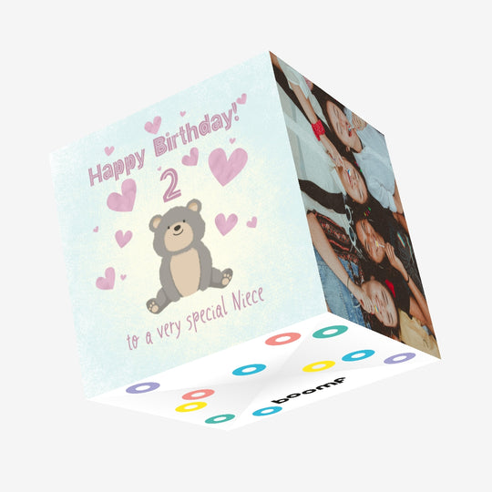 Cute Teddy Bear Happy 2nd Birthday Niece Confetti-exploding Greetings Card