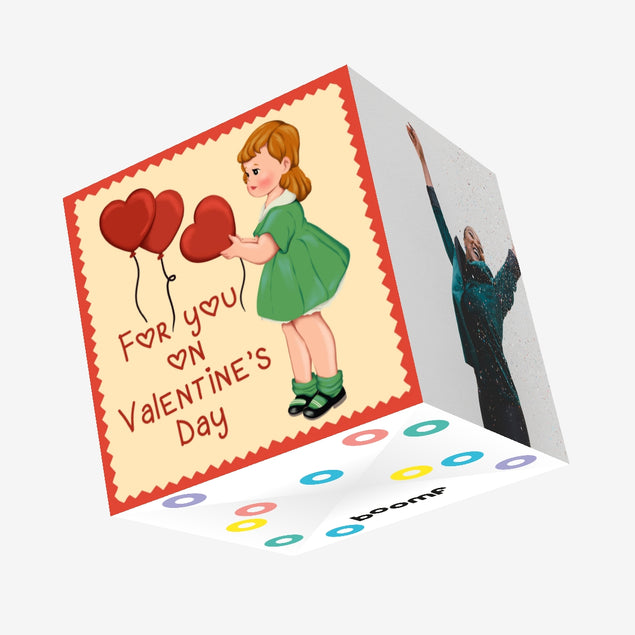 For You Little Girl And Heart-Shaped Balloons Valentine's Day Confetti-exploding Greetings Card