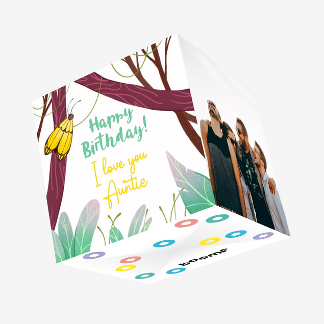Happy Birthday Auntie Yellow Butterfly On A Tree Confetti-exploding Greetings Card