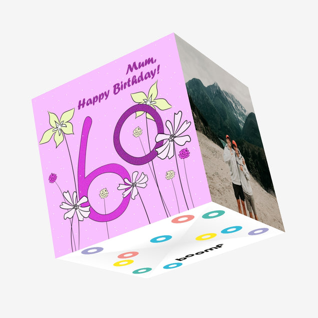 Purple Themed Flowers Happy 60th Birthday Mum Confetti-exploding Greetings Card
