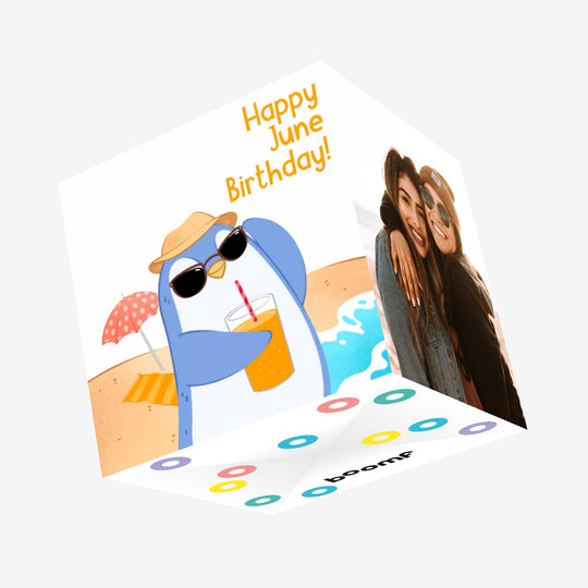 Little Penguin Happy June Birthday Confetti-exploding Greetings Card
