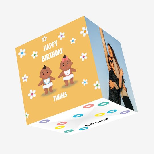 Flowers Boy And Girl In Yellow Happy Birthday Twins Confetti-exploding Greetings Card