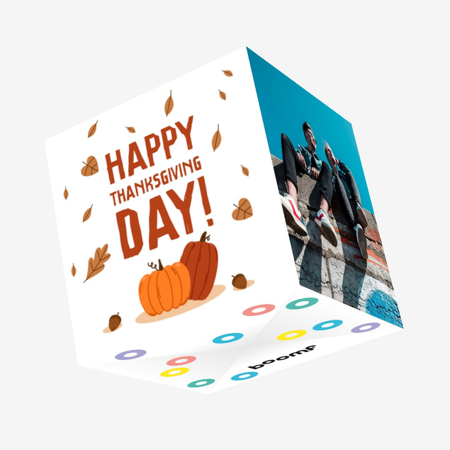 Happy Thanksgiving Pumpkins And Falling Leaves Confetti-exploding Greetings Card