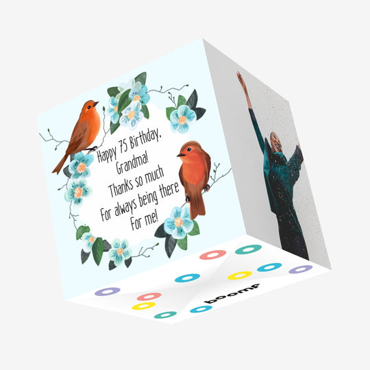 Happy Birthday 75th Grandma Red Birds And Blue Flowers Confetti-exploding Greetings Card