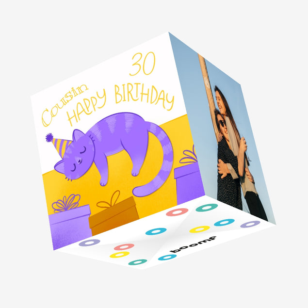 30th Birthday Purple Cat Cousin Confetti-exploding Greetings Card