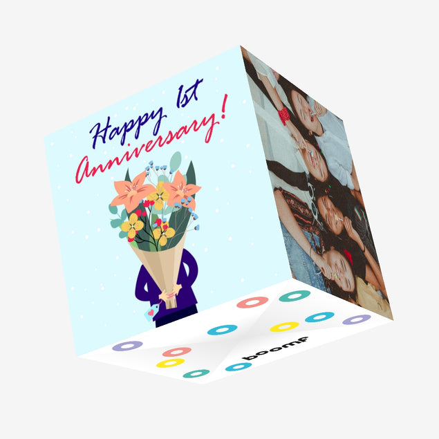 Flowers Bouquet Happy 1st Anniversary Confetti-exploding Greetings Card